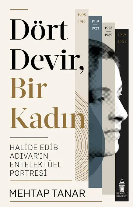 Görsel, gönderide bahsedilen kitabın kapağıdır.
Kapak, Halide Edib Adıvar’ın entelektüel yaşamını dört ayrı döneme ayırarak görsel bir portreyle sunan düşünsel bir tasarıma sahip.
Ortada Halide Edib Adıvar’ın stilize edilmiş profil portresi yer alıyor.
Portre dört dikey bölüme ayrılmış; her bölüm farklı bir tarih aralığını temsil ediyor:
1908–1919: II. Meşrutiyet ve Milli Mücadele öncesi dönem.
1919–1923: Kurtuluş Savaşı yılları.
1923–1939: Cumhuriyet’in erken yılları ve yurtdışı faaliyetleri.
1939–1964: Akademik ve edebi üretim dönemi.
Bu bölünmüş tasarım, Halide Edib’in entelektüel kimliğinin zaman içinde nasıl evrildiğini görsel olarak aktarıyor.
Kitabın adı ‘Dört Devir, Bir Kadın: Halide Edib Adıvar’ın Entelektüel Portresi’.