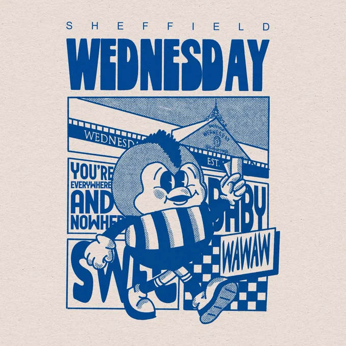 A photo of a FourFourTune print that includes the text Sheffield Wednesday and a drawing of Ozzie Owl walking across Hillsborough with a pair of match tickets.