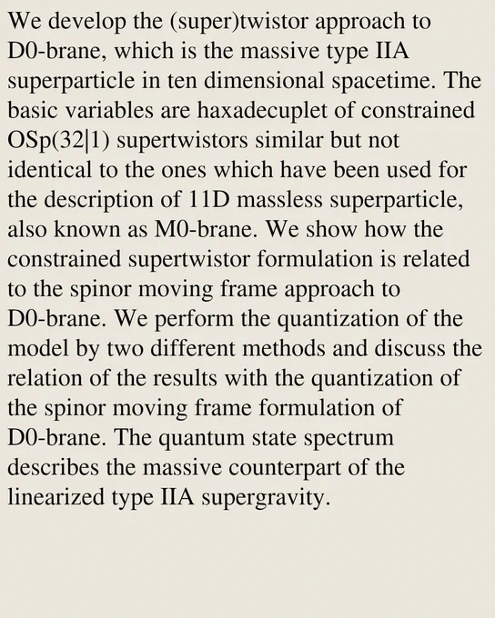 We develop the (super)twistor approach to D0-brane, which is the massive type IIA superparticle in ten dimensional spacetime. The basic variables are haxadecuplet of constrained OSp(32|1) supertwistors similar but not identical to the ones which have been used for the description of 11D massless superparticle, also known as M0-brane. We show how the constrained supertwistor formulation is related to the spinor moving frame approach to D0-brane. We perform the quantization of the model by two different methods and discuss the relation of the results with the quantization of the spinor moving frame formulation of D0-brane. The quantum state spectrum describes the massive counterpart of the linearized type IIA supergravity.