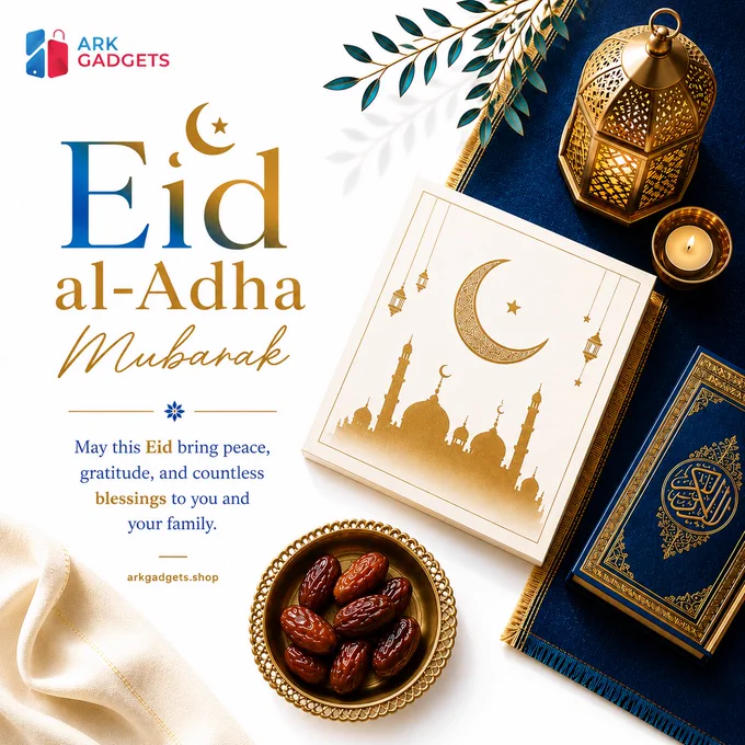 Elegant Eid al-Adha Mubarak poster featuring a luxurious Islamic design with gold and beige tones, mosque architecture, glowing lantern, crescent moon, and decorative leaves. Includes a heartfelt Eid blessing message and ACX Group of Companies branding in a modern professional layout.
