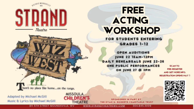Free acting workshop poster with Strand Theatre logo, performers, and workshop details for grades 1-12 students on June 12-17 and June 21-24.