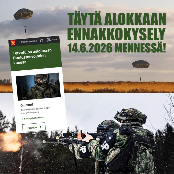 Kuvassa yhdistyy kolme kuvaa. Ylimmässä kuvassa kaksi laskuvarjojääkäriä laskeutuu laskuvarjolla syksyiselle niitylle. Alemmassa kuvassa kaksi sotilapoliisia ampuu rynnäkkökiväärillä. Keskellä on omaintti.fi -asiointipalvelun alkunäkymä.