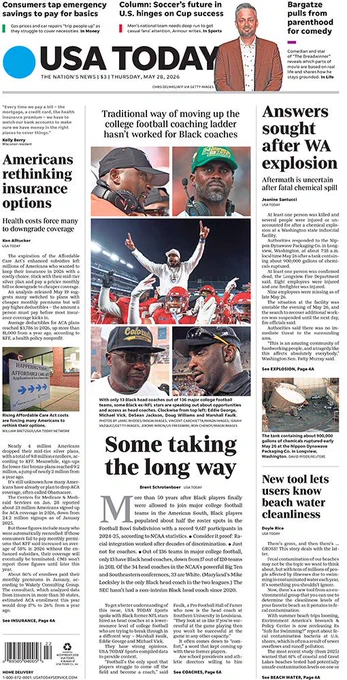 An image of the front page of the USA TODAY newspaper on Thursday, May 28, 2026.