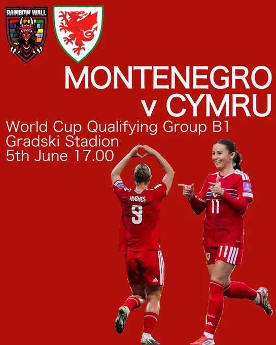 Red background with The Rainbow Wall and Cymru logos
MONTENEGRO v CYMRU
World Cup Qualifying Group B1
Gradski Stadion
5th June 17.00
Photo of Hughes and Cain