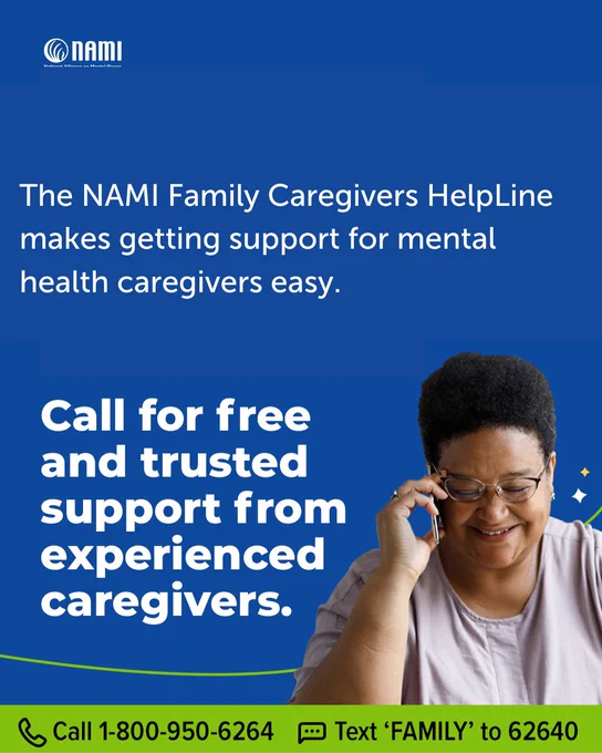 Informational graphic with the following text:

"The NAMI Family Caregivers HelpLine makes getting support for mental health caregivers easy.

Call for free and trusted support from experienced caregivers."

At the bottom of the image is a cut out photo of an elderly woman of African American ancestry. She is smiling as she talks on a cell phone. 
