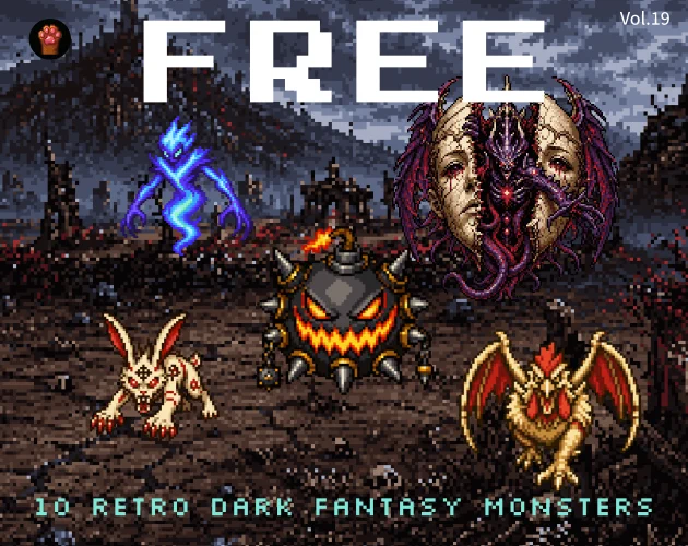 Thumbnail for FR19, a free 10-piece retro dark fantasy pixel monster pack featuring a wisp, bomb, death rabbit, cockatrice, and a strange mask-like monster in a ruined dark fantasy landscape for RPG Maker, horror-flavored JRPGs, and indie game development.