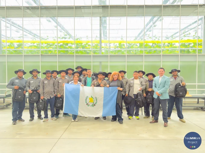 Un grupo de trabajadores extranjeros temporales y sus acompañantes posan dentro de un invernadero, sosteniendo una gran bandera de Guatemala. Los trabajadores llevan uniformes de trabajo y gorras, y sostienen mochilas de TeaMWork que se repartieron durante la visita; detrás de ellos se ven hileras de cultivos del invernadero a través de grandes paneles de cristal.