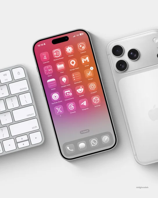 Minimal iPhone home screen mockup featuring a pink-to-orange gradient wallpaper with monochromatic themed icons, displayed on a silver iPhone alongside a white keyboard and matching device on a light grey background.