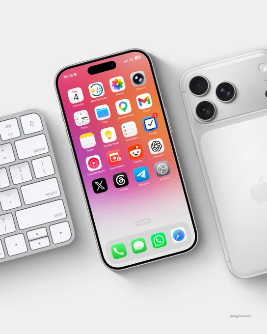 Minimal iPhone home screen mockup featuring a vibrant pink-to-orange gradient wallpaper, colorful app icons, a silver iPhone, and clean desktop-inspired surroundings with a white keyboard and matching phone.