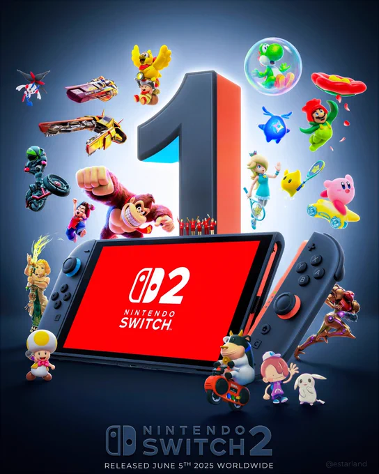 A 1st anniversary celebration image for the Nintendo Switch 2, marked with a large "1" and the text "Released June 5th 2025 Worldwide."

At the center is a Nintendo Switch 2 console with a vibrant red screen showing the "Nintendo Switch 2" logo. 

Floating around a massive number "1" are various Nintendo characters and vehicles: Donkey Kong punches forward, Mario sports a red flower hat, Rosalina holds a tennis racket, and Kirby rides a star. Zelda, Samus Aran, Yoshi in a bubble, and a yellow Toad with a microphone also appear, alongside futuristic racing vehicles and a cow riding a scooter from Mario Kart World.

The overall design is bright and celebratory against a dark blue background.