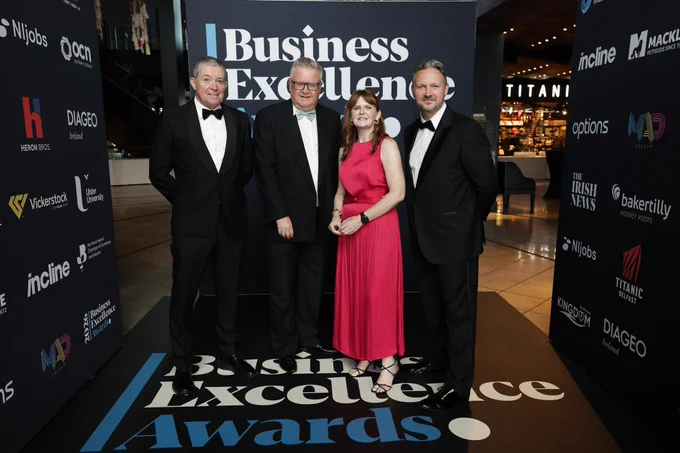 Economy Minister Dr Caoimhe Archibald is pictured with Dominic Fitzpatrick, Gary McDonald and Chris Sherrard from the Irish News