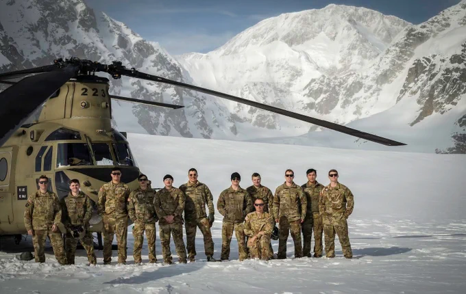 Soldiers with 1-52 GSAB, 11th Airborne Division, delivered fuel and equipment by CH-47F Chinook to help establish the National Park Service climbing base camp on the Kahiltna Glacier.