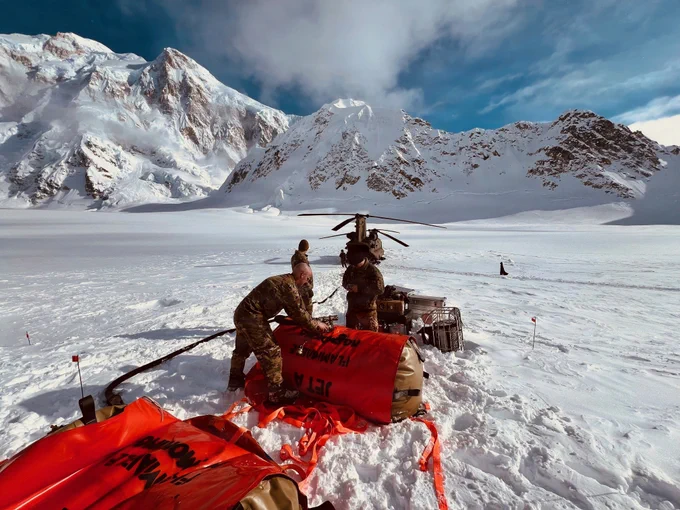 Soldiers with 1-52 GSAB, 11th Airborne Division, delivered fuel and equipment by CH-47F Chinook to help establish the National Park Service climbing base camp on the Kahiltna Glacier.