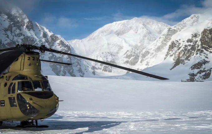 Soldiers with 1-52 GSAB, 11th Airborne Division, delivered fuel and equipment by CH-47F Chinook to help establish the National Park Service climbing base camp on the Kahiltna Glacier.