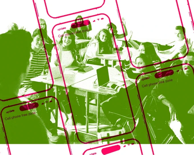 The image shows a classroom filled with several people sitting at desks, raising their hands, or engaging with each other. Overlaid are outlines of smartphones with the text "Cell phone free zone" repeated multiple times, in red. The color scheme is primarily green and pink.