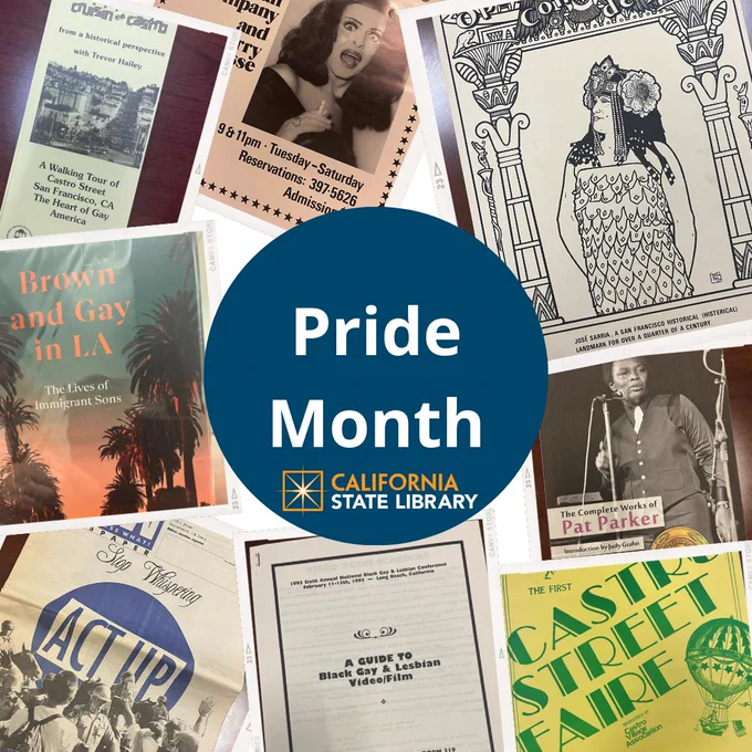 Collage of 8 photos featuring items from our collection like brochures, flyers and guides with a blue circle in the middle and the words "Pride Month" in white with the library starburst logo underneath. 