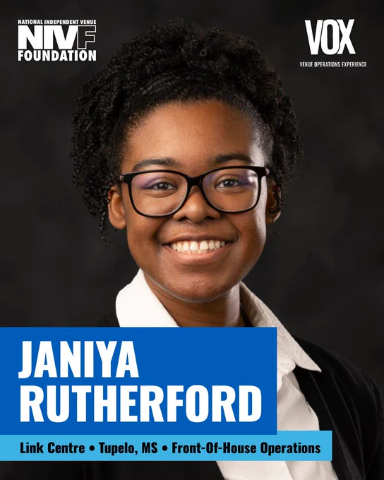 A professional portrait featuring Janiya Rutherford in a business setting. She is smiling and appears confident, with details of her location and role displayed.