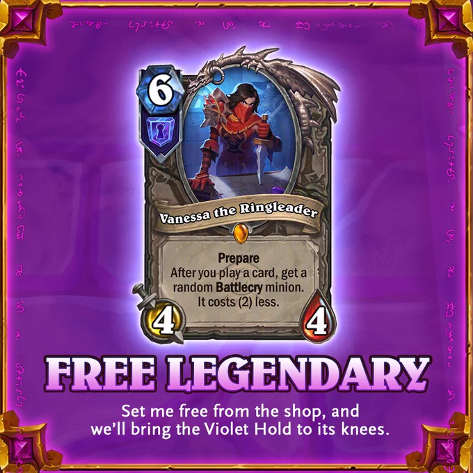 A Hearthstone card spotlight showing Vanessa the Ringleader, a 6 mana 4/4 Legendary with an effect that adds a discounted random Battlecry minion after you play a card, with \u201CFree Legendary\u201D text indicating it is available as a login reward.