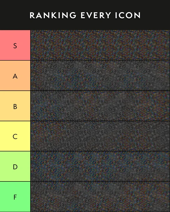 At the top of this graphic, there is white text that says, \"Ranking Every Icon\" with a black background. To the left, from top to bottom: there is an \"S\" in a light red box, an \"A\" in an orange box, a \"B\" in a mustard yellow box, a \"C\" in a yellow box, a \"D\" in a light green box, and a \"F\" in a light teal box. To the right of the letters are thousands of World of Warcraft icons.