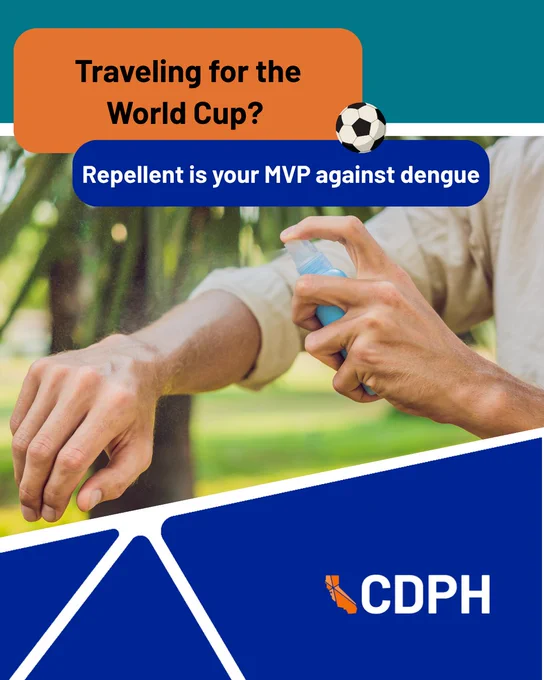 A person applying insect repellent on their arm outdoors. "Travelling for the World Cup? Repellent is your MVP against dengue"