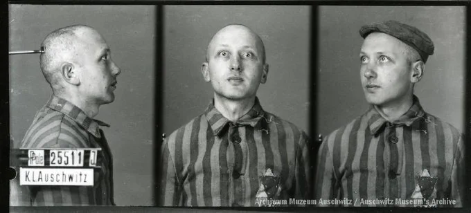 A mugshot registration photograph from Auschwitz. A man with a shaved head wearing a striped uniform photographed in three positions (profile and front with bare head and a photo with a slightly turned head with a hat on). The prisoner number is visible on a marking board on the left.
