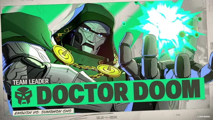 A close-up of Doctor Doom during his intro.