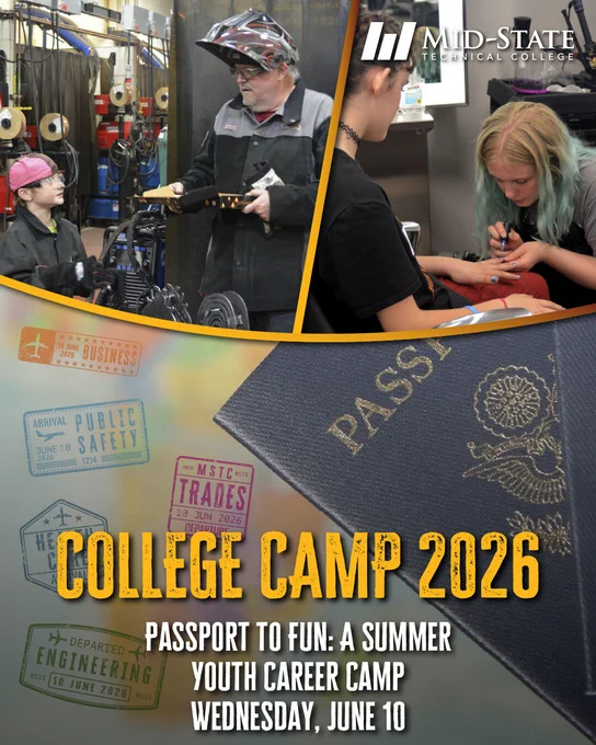 Mid-State College Camp 2026 graphic featuring youth exploring welding and cosmetology careers with a passport-themed design.