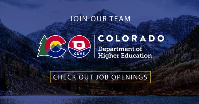 Mountain landscape tinted blue with the Colorado Department of Higher Education logo and text inviting job applicants to join the team.