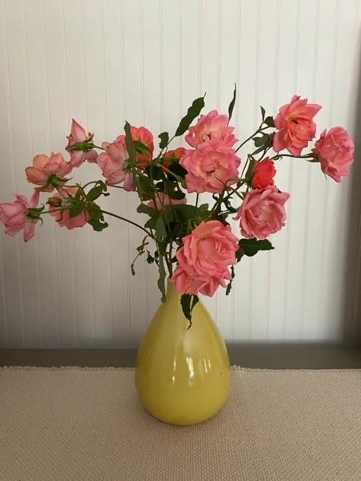 A bouquet of soft pink roses arranged in a glossy yellow ceramic vase sits on a beige textured table runner against a white beadboard wall. The arrangement features multiple fully bloomed roses and several buds on long, arching stems with green leaves, creating a loose, natural shape that extends outward from the vase. The vibrant yellow vase provides a bright contrast to the delicate pink flowers, while the simple indoor setting and neutral background keep the focus on the floral display.
