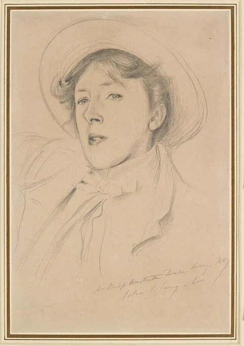 Pencil portrait of Vernon Lee by her friend, John Singer Sargent, dressed in boater-type hat and jacket, of ambiguous appearance with a certain laid-back charm