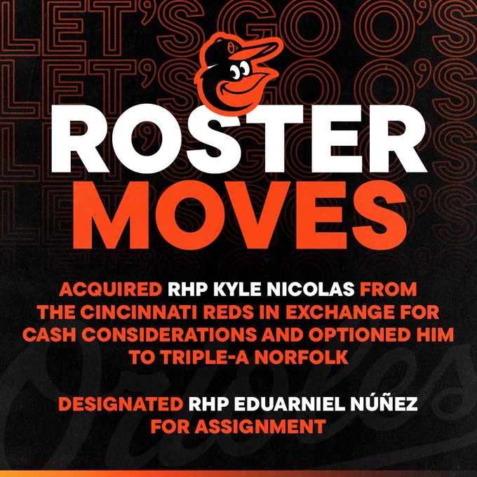 Roster Moves:

- Acquired RHP Kyle Nicolas from the Cincinnati Reds in exchange for cash considerations and optioned him to Triple-A Norfolk.
- Designated RHP Eduarniel Núñez for assignment.