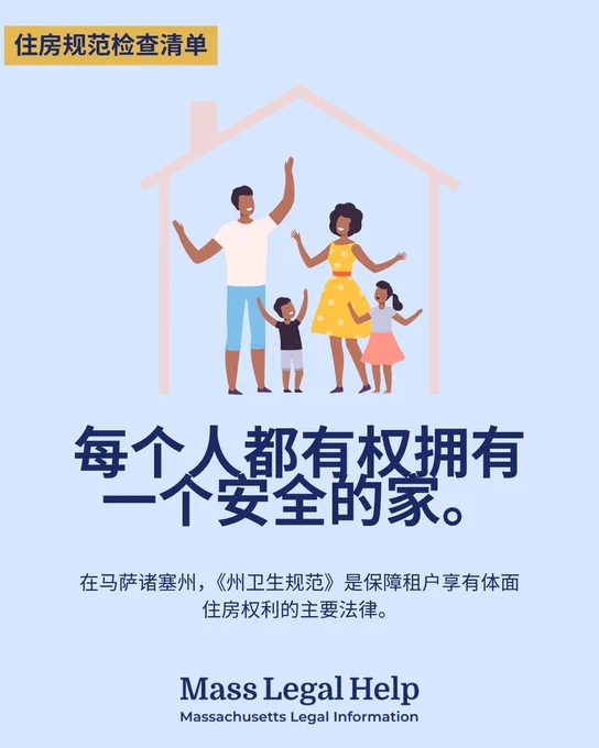 图形标题: 住房规范检查清单. 这幅图的顶部描绘了一家四口站在房子里，脸上洋溢着兴奋的神情。照片下方是一段文字，内容是：每个人都有权拥有一个安全的家。在马萨诸塞州，《州卫生规范》是保障租户享有体面住房权利的主要法律。Mass Legal Help. Massachusetts Legal Information.