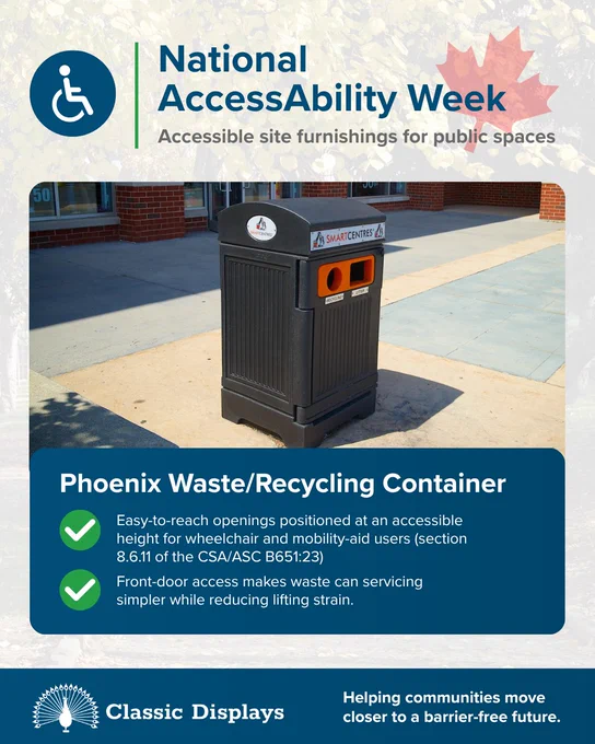 National AccessAbility Week graphic from Classic Displays featuring a black Phoenix Waste/Recycling Container in a public space. The graphic highlights easy-to-reach openings positioned at an accessible height for wheelchair and mobility-aid users, along with front-door access that reduces lifting strain during servicing.