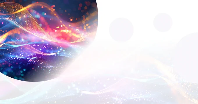 Colorful abstract waves of light and particles swirl against a dark background inside a circular frame.