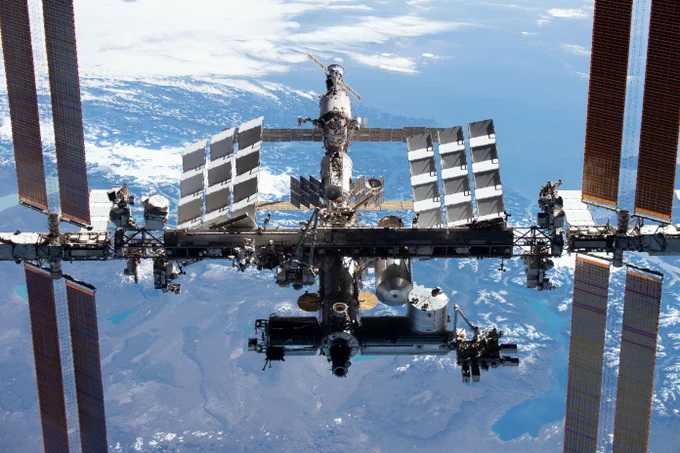 The International Space Station, seen here in a photo taken by a SpaceX Dragon astronaut.
Image credit: Science Source/NASA.
