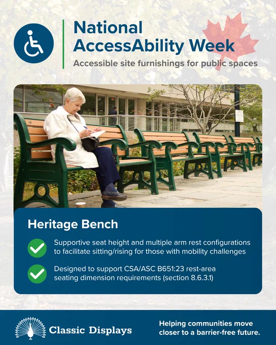 National AccessAbility Week graphic from Classic Displays featuring a Heritage Bench with multiple armrest configurations and an older adult seated on the bench. The graphic highlights a supportive seat height and armrests designed to assist people with mobility challenges when sitting down or standing up.