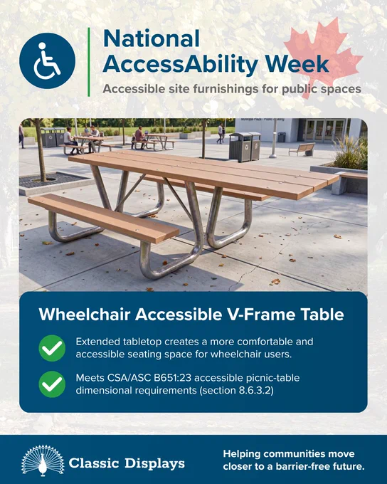National AccessAbility Week graphic from Classic Displays featuring a wheelchair-accessible V-Frame picnic table in a public plaza. The extended tabletop creates a comfortable, accessible seating space for wheelchair users and meets CSA/ASC B651:23 accessible picnic-table dimensional requirements.
