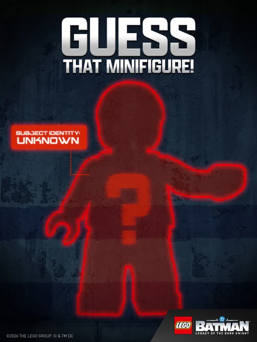 Image with a red silhouette of a LEGO mini figure with text that reads "Guess that minifigure!" and "Subject identity: Unknown".