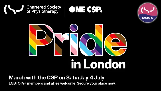 Black graphic with the text: ‘Pride in London. March with the CSP on Saturday 4 July. LGBTQIA  members are welcome. Secure your place now.’ 