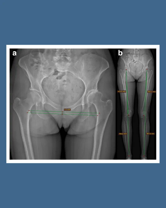 Image depicts EOS imaging from a patient 49-year-old female who underwent total hip arthroplasty. On the left is a zoomed-in recreation of a standing anteroposterior
radiograph from the EOS. On the right is the full EOS image of the long leg alignment.