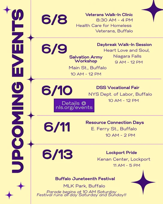Upcoming events calendar in purple and yellow with stars. Details at nls.org/events . 6/8: Veterans Walk-In Clinic, 8:30 AM - 4 PM, Health Care for Homeless Veterans, Buffalo. 6/9: Daybreak Walk-In Session, Heart Love and Soul, Niagara Falls, 9 AM - 12 PM and Salvation Army Workshop, Main St., Buffalo, 10 AM - 12 PM. 6/10: DSS Vocational Fair, NYS Dept. of Labor, Buffalo, 10 AM - 12 PM. 6/11: Resource Connection Days, E. Ferry St., Buffalo, 10 AM - 2 PM. 6/13: Lockport Pride, Kenan Center, Lockport, 11 AM - 5 PM and Buffalo Juneteenth Festival, MLK Park, Buffalo, Parade begins at 10 AM Saturday , Festival runs all day Saturday and Sunday!!