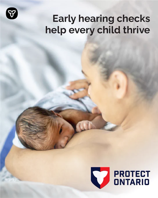 Mother holding newborn at breast with text "Early hearing checks help every child thrive"