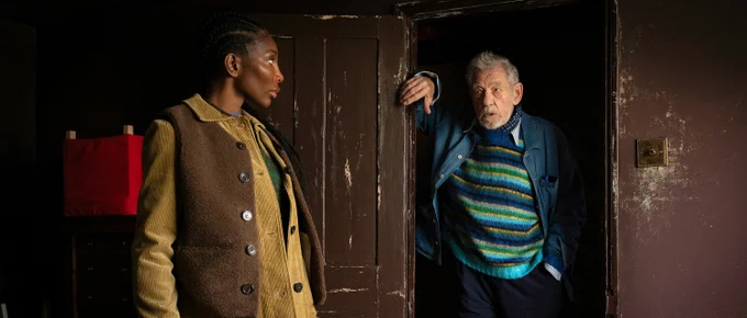 Michaela Coel and Ian McKellen in a scene from The Christophers.