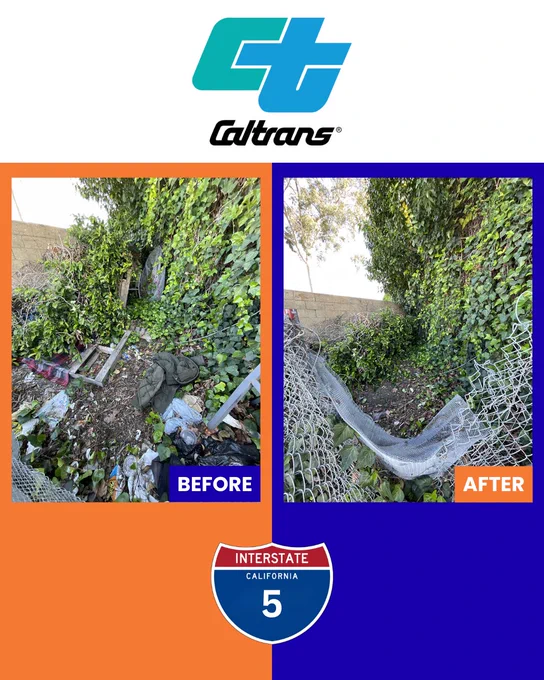 A side-by-side image of a landscape area behind a chainlink fence. The left photo shows the area with trash and debris throughout the location and the right image shows the trash and debris cleaned up.