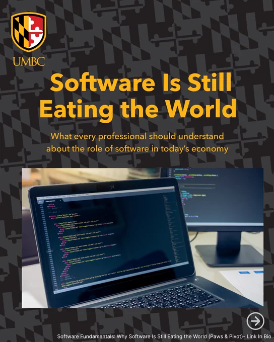 UMBC graphic titled “Software Is Still Eating the World” with a laptop displaying computer code and a subtitle about software’s role in today’s economy.