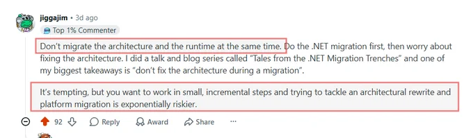 Excerpt from Reddit thread about migrating a large project to new architecture and new .NET version at same time. 