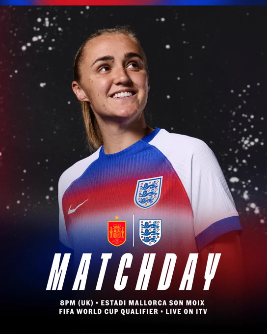 Matchday. Spain vs England. 8pm (UK). Estadi Mallorca Son Moix. FIFA World Cup Qualifier. Live on ITV. 