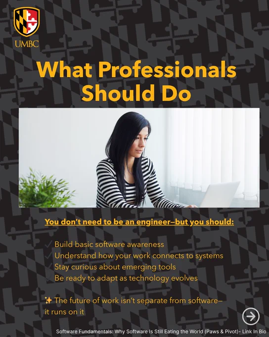 UMBC graphic titled “What Professionals Should Do” outlining ways to build software awareness and adapt to evolving technology.