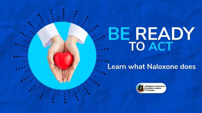 Promotional image encouraging awareness of Naloxone. Features hands holding a heart with text urging readiness to act.