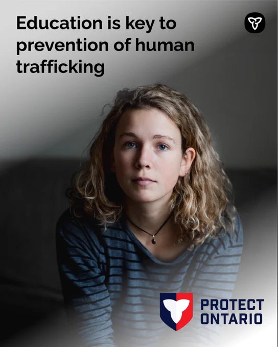 Poster urging education to prevent human trafficking; close-up of a young person's face